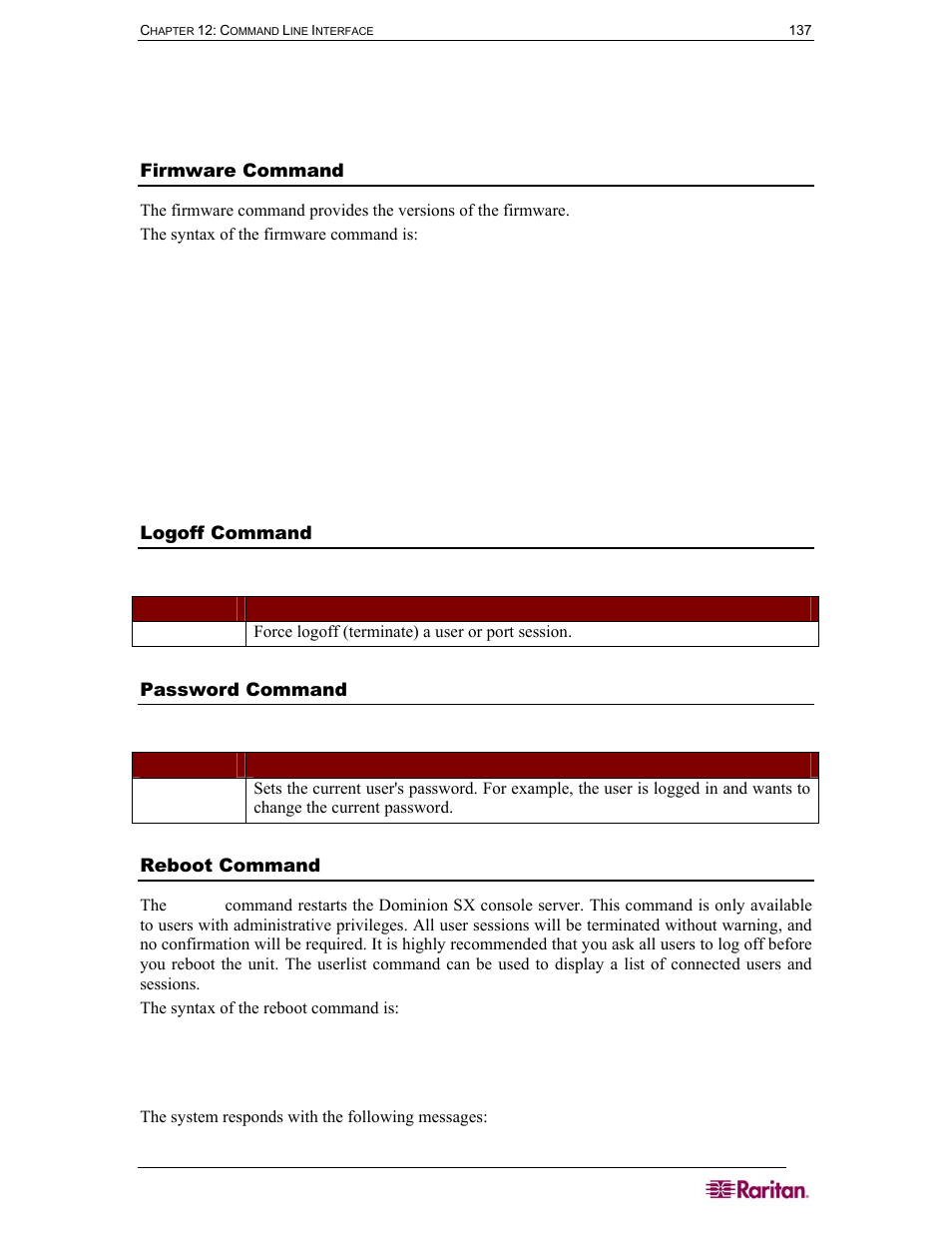 Firmware command, Logoff command, Password command | Reboot command, Table 50 logoff command, Table 51 password command | Raritan Computer DOMINION DSX-0N-E User Manual | Page 155 / 233