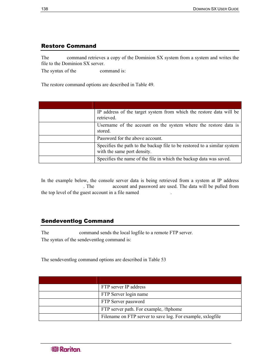 Restore command, Sendeventlog command, Table 52 restore command | Table 53 sendeventlog command | Raritan Computer DOMINION DSX-0N-E User Manual | Page 156 / 233