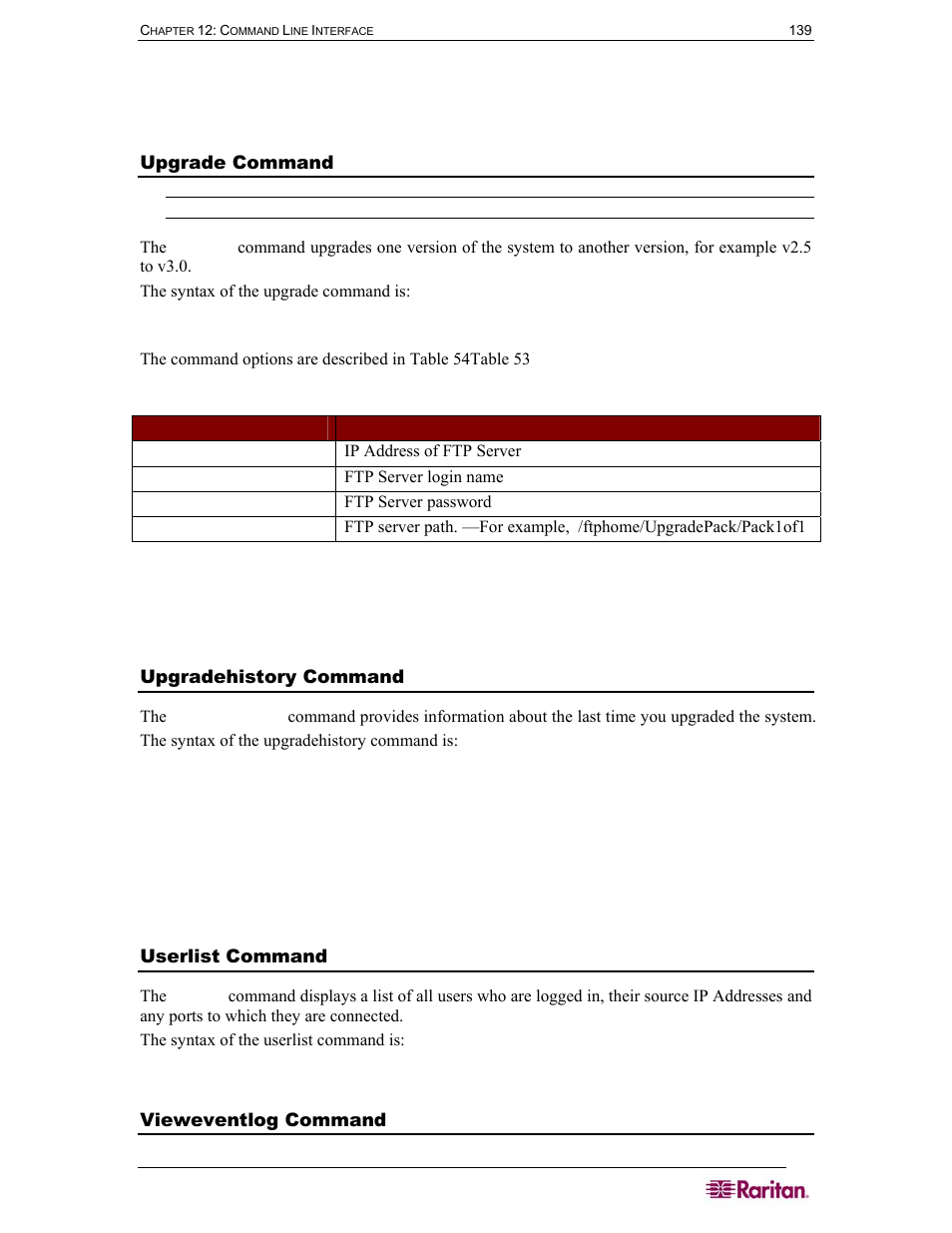 Upgrade command, Upgradehistory command, Userlist command | Vieweventlog command, Table 54 upgrade command | Raritan Computer DOMINION DSX-0N-E User Manual | Page 157 / 233