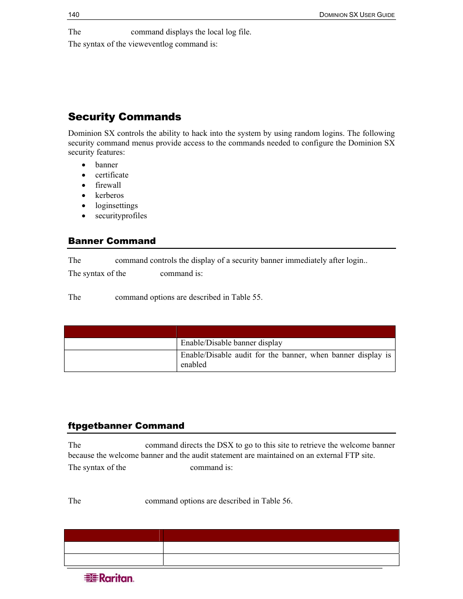 Security commands, Banner command, Ftpgetbanner command | Table 55 banner command, Table 56 ftpgetbanner command | Raritan Computer DOMINION DSX-0N-E User Manual | Page 158 / 233