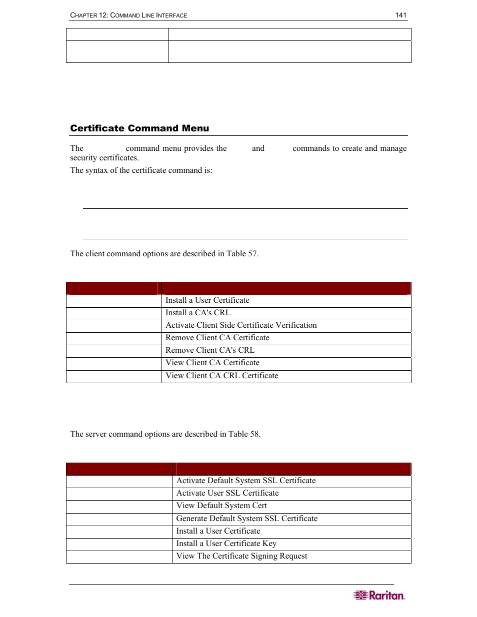 Certificate command menu, Table 57 certificate client commands, Table 58 certificate server commands | Raritan Computer DOMINION DSX-0N-E User Manual | Page 159 / 233