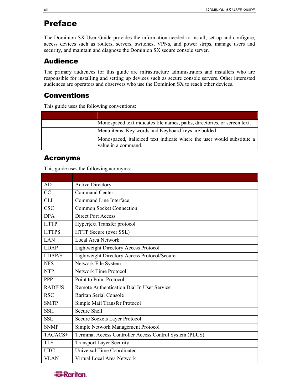 Preface, Audience, Conventions | Acronyms | Raritan Computer DOMINION DSX-0N-E User Manual | Page 16 / 233