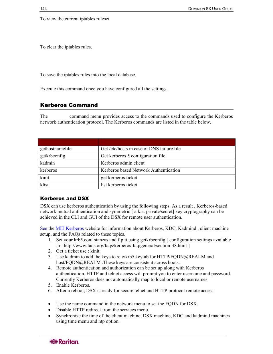 Kerberos command, Kerberos and dsx, Table 61 kerberos commands | Raritan Computer DOMINION DSX-0N-E User Manual | Page 162 / 233