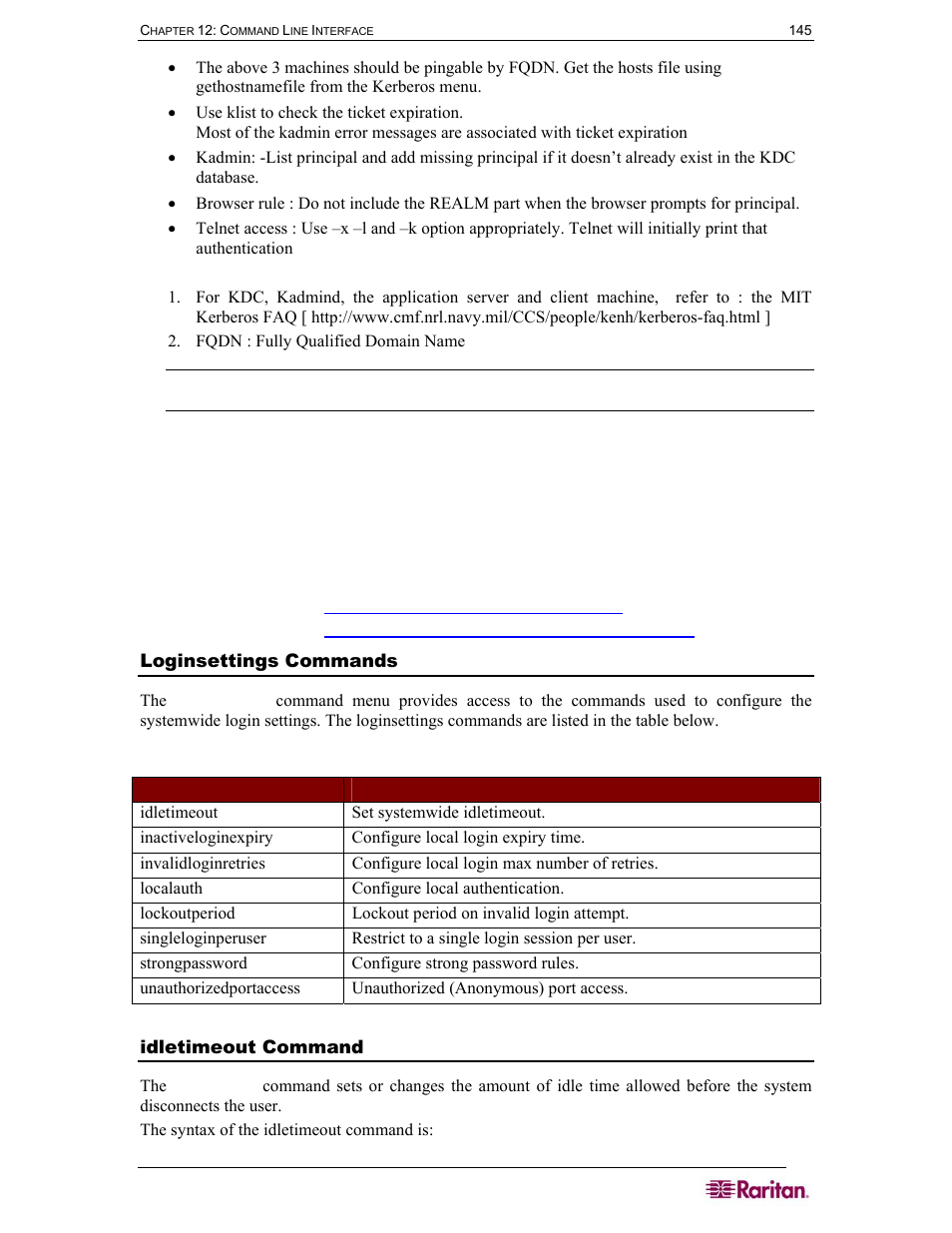 Loginsettings commands, Idletimeout command, Table 62 loginsettings commands | Raritan Computer DOMINION DSX-0N-E User Manual | Page 163 / 233