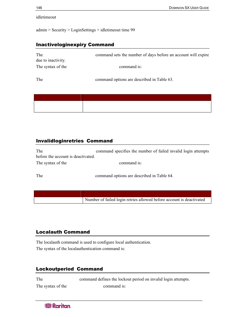 Inactiveloginexpiry command, Invalidloginretries command, Localauth command | Lockoutperiod command, Table 63 inactiveloginexpiry command, Table 64 invalidloginretries command | Raritan Computer DOMINION DSX-0N-E User Manual | Page 164 / 233