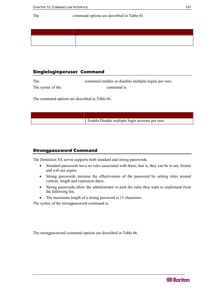 Singleloginperuser command, Strongpassword command, Table 65 lockoutperiod command | Table 66 singleloginperuser command | Raritan Computer DOMINION DSX-0N-E User Manual | Page 165 / 233