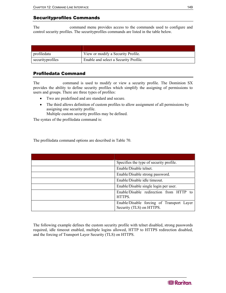 Securityprofiles commands, Profiledata command, Table 69 securityprofiles commands | Table 70 profiledata command | Raritan Computer DOMINION DSX-0N-E User Manual | Page 167 / 233