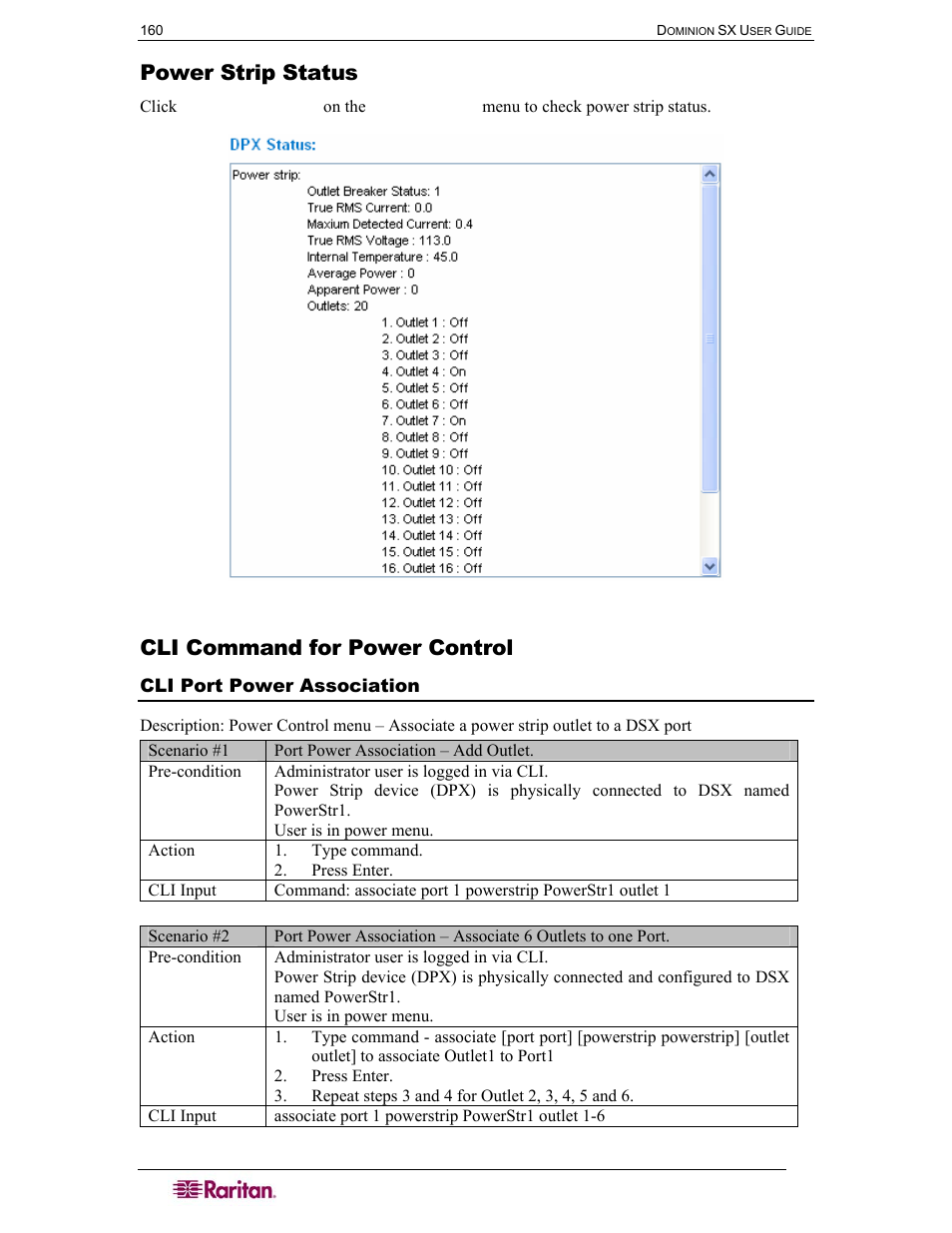 Power strip status, Cli command for power control, Cli port power association | Figure 99 power strip status | Raritan Computer DOMINION DSX-0N-E User Manual | Page 178 / 233