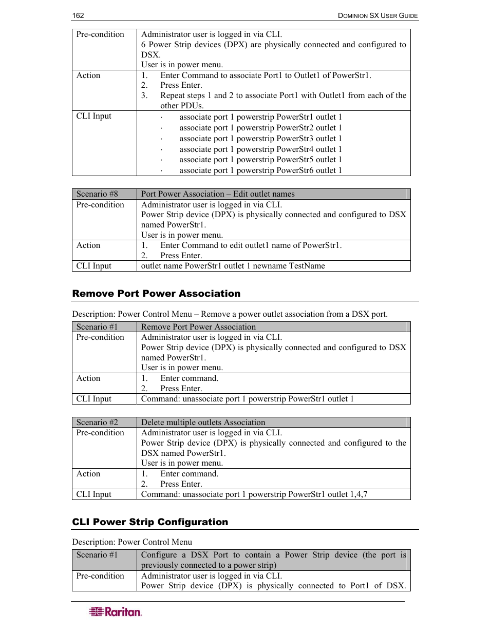 Remove port power association, Cli power strip configuration | Raritan Computer DOMINION DSX-0N-E User Manual | Page 180 / 233