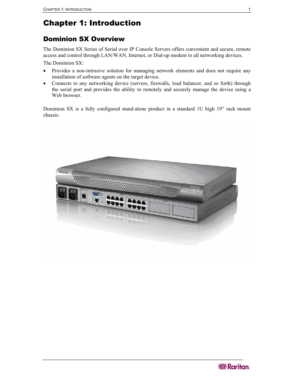 Dominion sx overview, Chapter 1: introduction, Figure 1 dominion sx16 unit | Raritan Computer DOMINION DSX-0N-E User Manual | Page 19 / 233