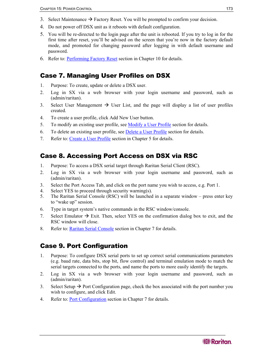 Case 7. managing user profiles on dsx, Case 8. accessing port access on dsx via rsc, Case 9. port configuration | Raritan Computer DOMINION DSX-0N-E User Manual | Page 191 / 233