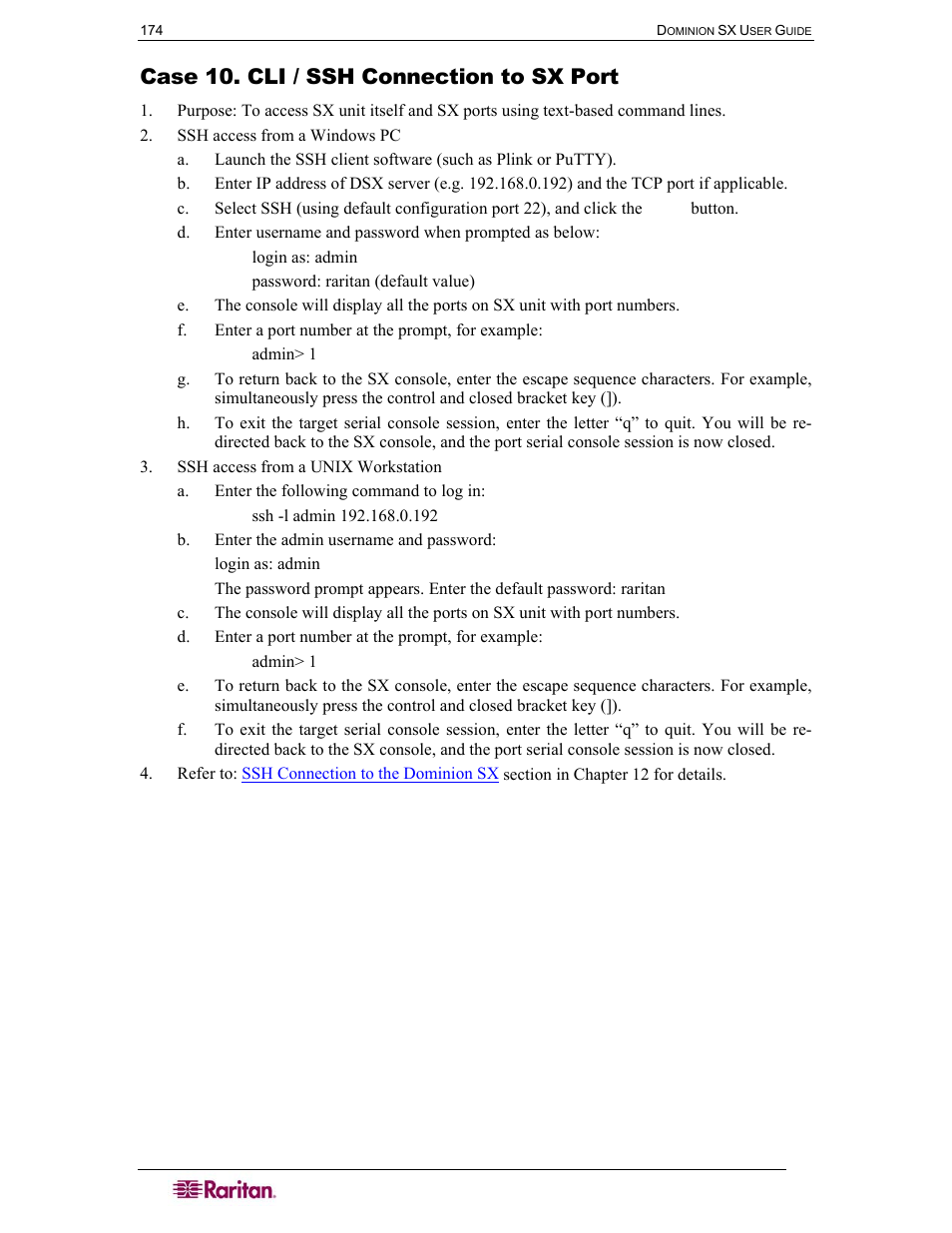 Case 10. cli / ssh connection to sx port | Raritan Computer DOMINION DSX-0N-E User Manual | Page 192 / 233