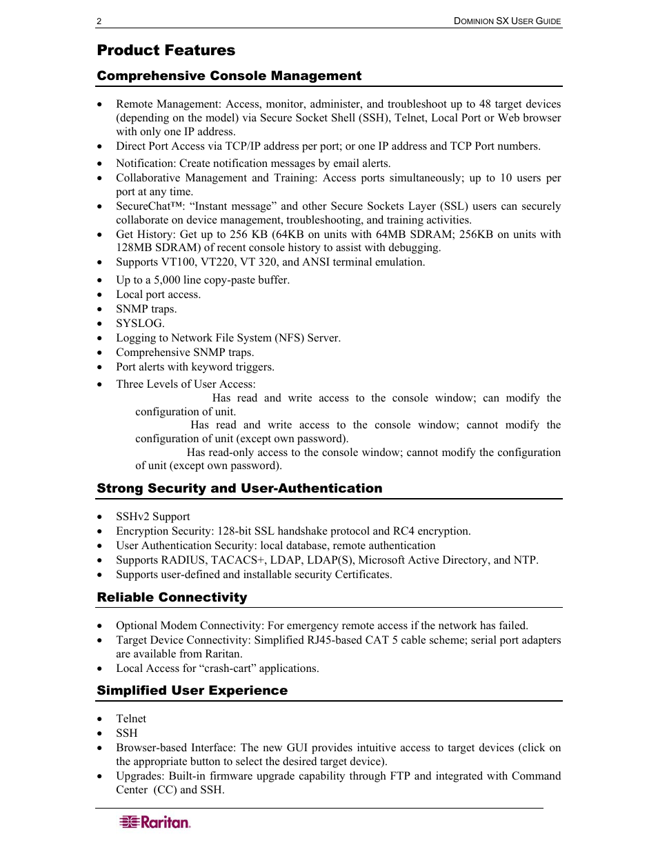 Product features, Comprehensive console management, Strong security and user-authentication | Reliable connectivity, Simplified user experience | Raritan Computer DOMINION DSX-0N-E User Manual | Page 20 / 233