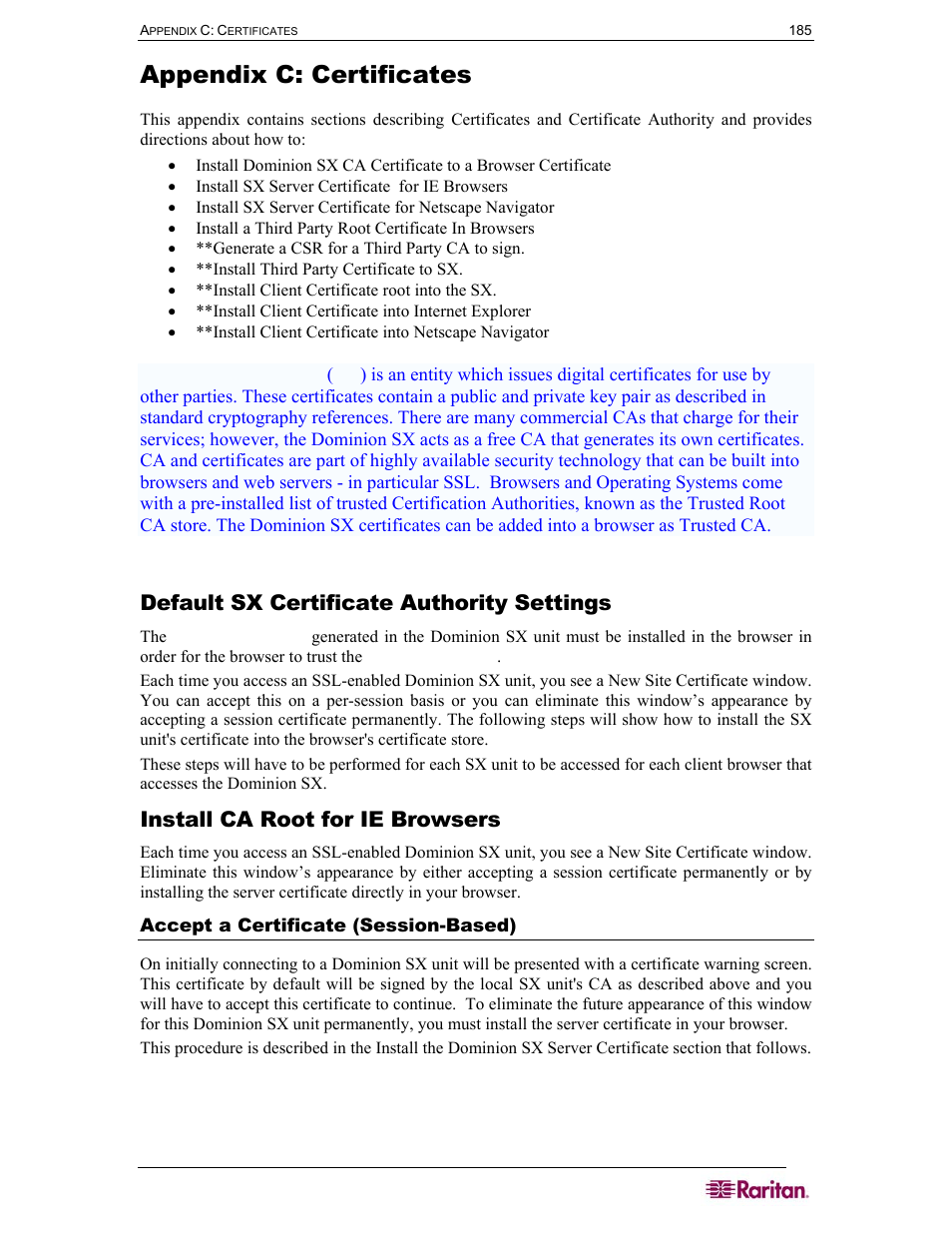 Default sx certificate authority settings, Install ca root for ie browsers, Accept a certificate (session-based) | Appendix c: certificates | Raritan Computer DOMINION DSX-0N-E User Manual | Page 203 / 233