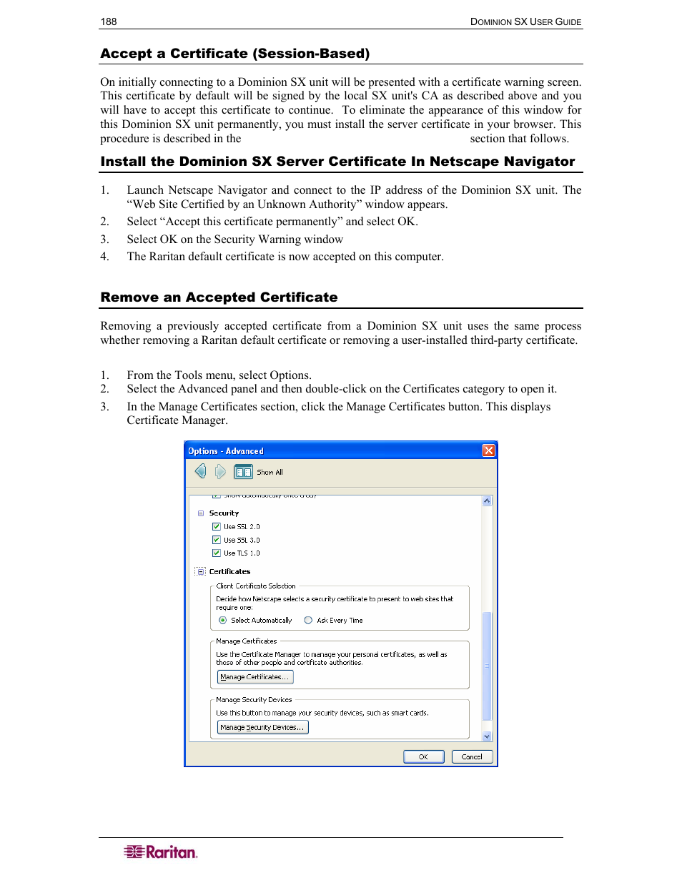 Accept a certificate (session-based), Remove an accepted certificate | Raritan Computer DOMINION DSX-0N-E User Manual | Page 206 / 233