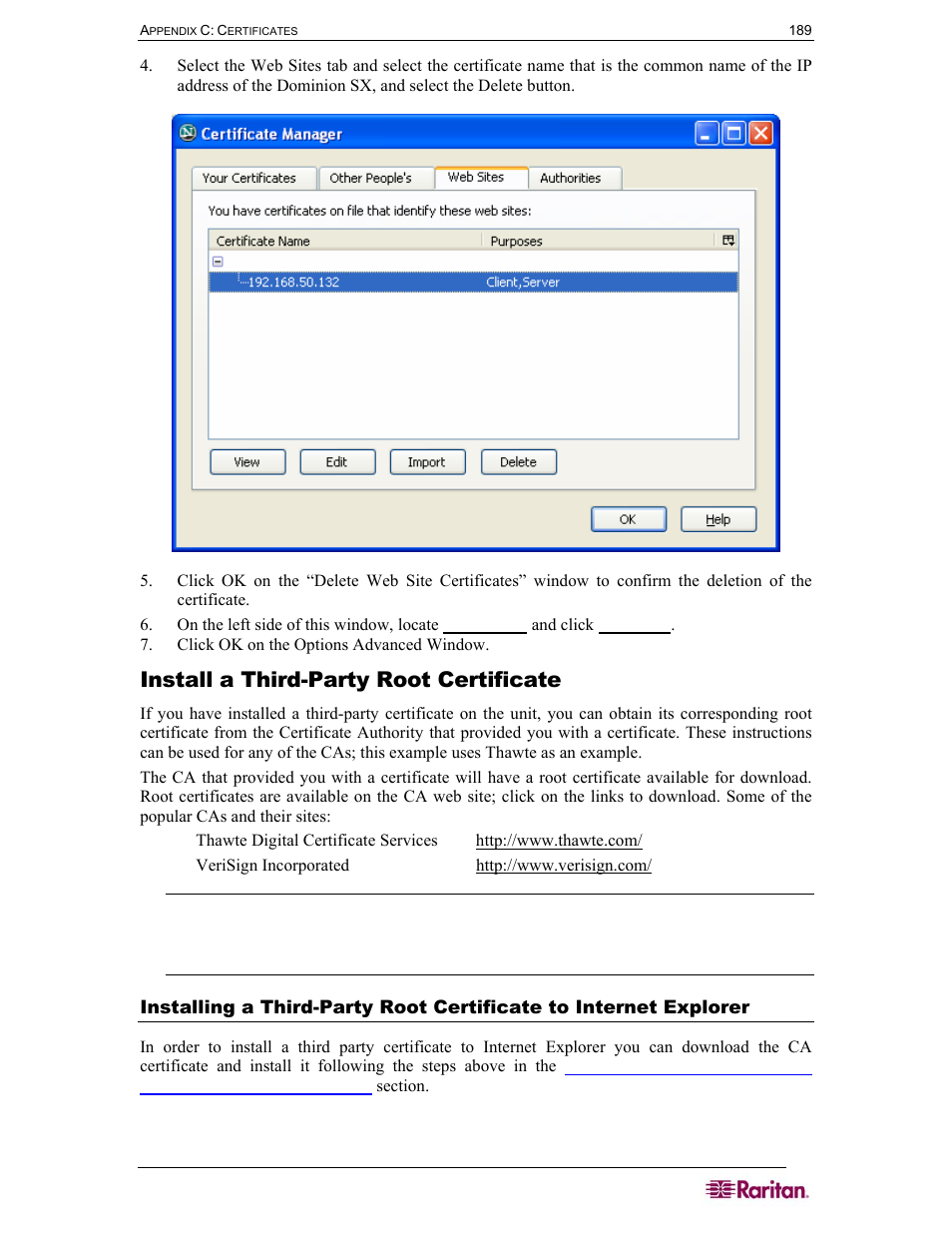 Install a third-party root certificate | Raritan Computer DOMINION DSX-0N-E User Manual | Page 207 / 233