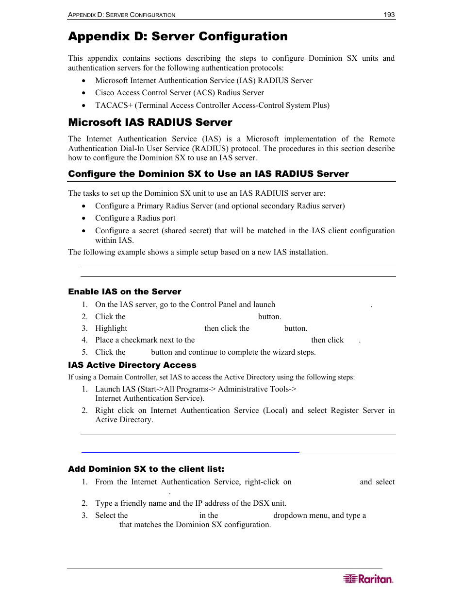 Microsoft ias radius server, Enable ias on the server, Ias active directory access | Add dominion sx to the client list, Appendix d: server configuration | Raritan Computer DOMINION DSX-0N-E User Manual | Page 211 / 233