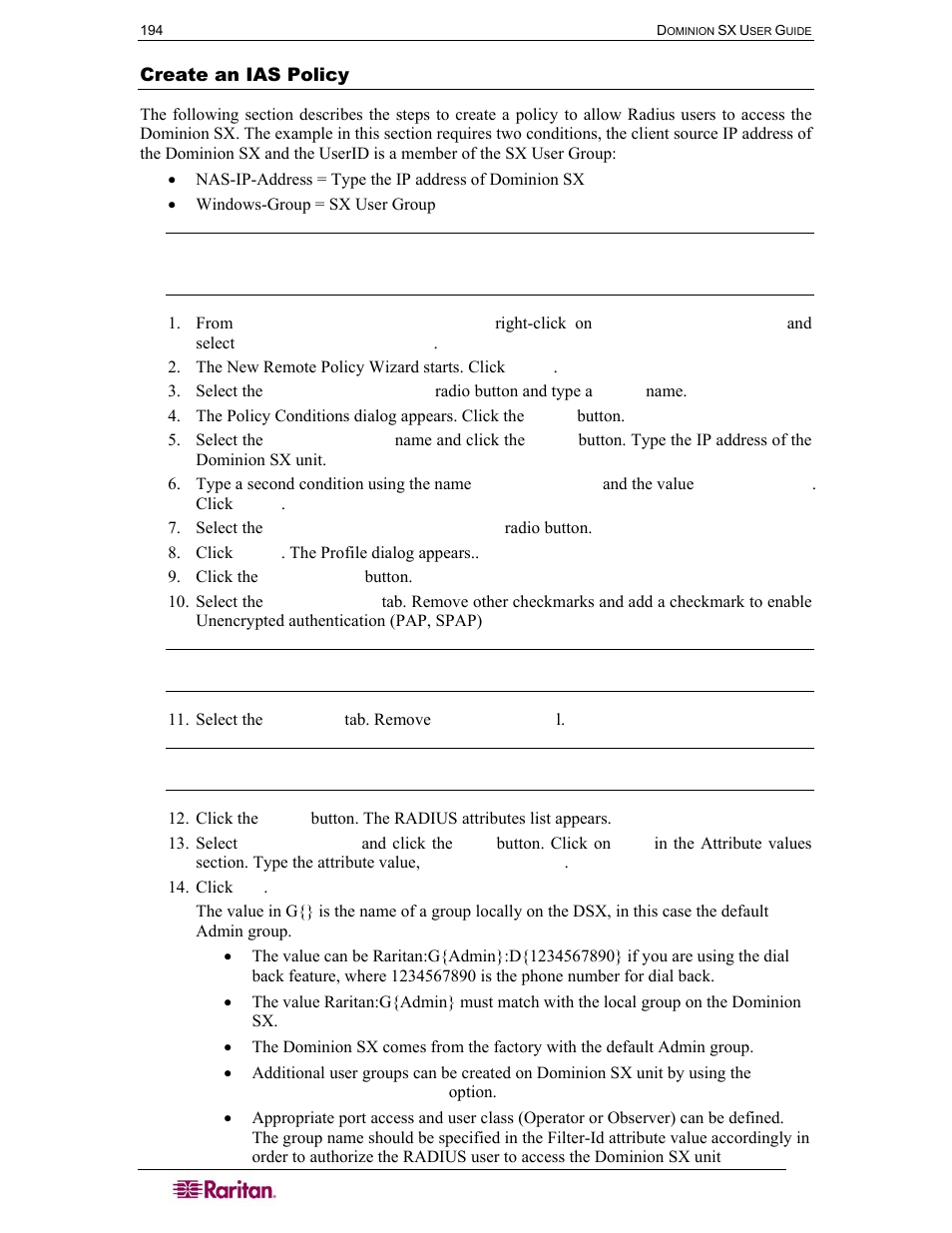 Create an ias policy | Raritan Computer DOMINION DSX-0N-E User Manual | Page 212 / 233