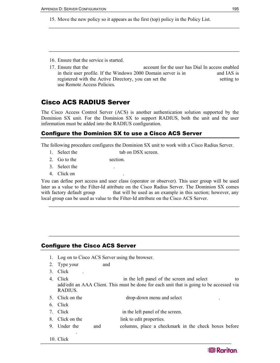 Cisco acs radius server, Configure the cisco acs server | Raritan Computer DOMINION DSX-0N-E User Manual | Page 213 / 233