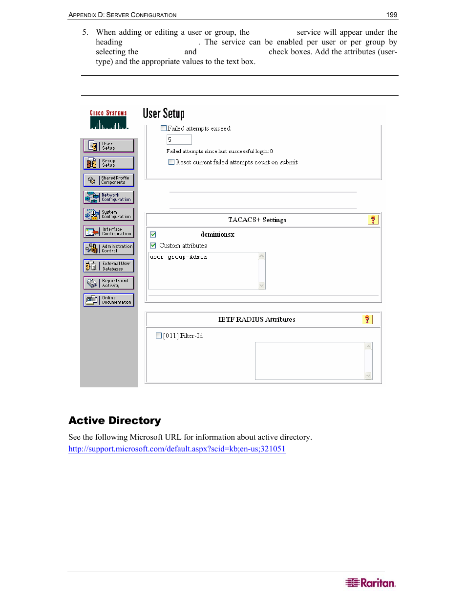 Appendix d: server configuration, Active directory | Raritan Computer DOMINION DSX-0N-E User Manual | Page 217 / 233