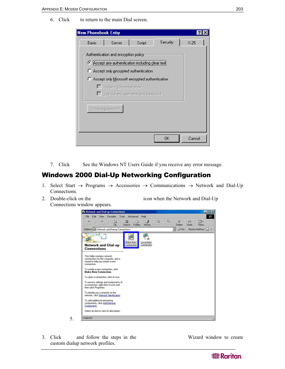 Windows 2000 dial-up networking configuration, Figure 105 dial-up security display | Raritan Computer DOMINION DSX-0N-E User Manual | Page 221 / 233