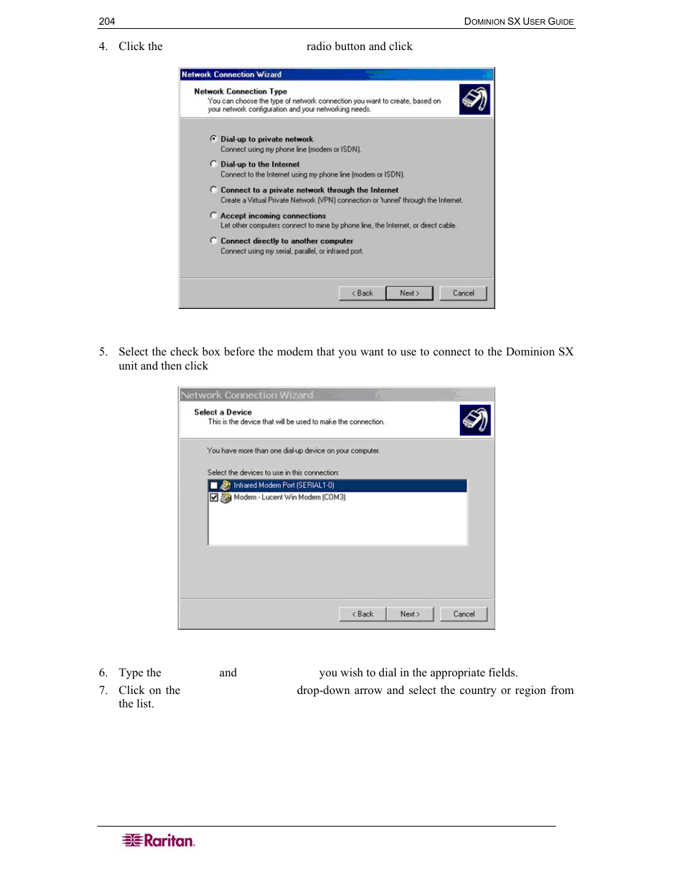 Figure 107 network connection type, Figure 108 device selection | Raritan Computer DOMINION DSX-0N-E User Manual | Page 222 / 233