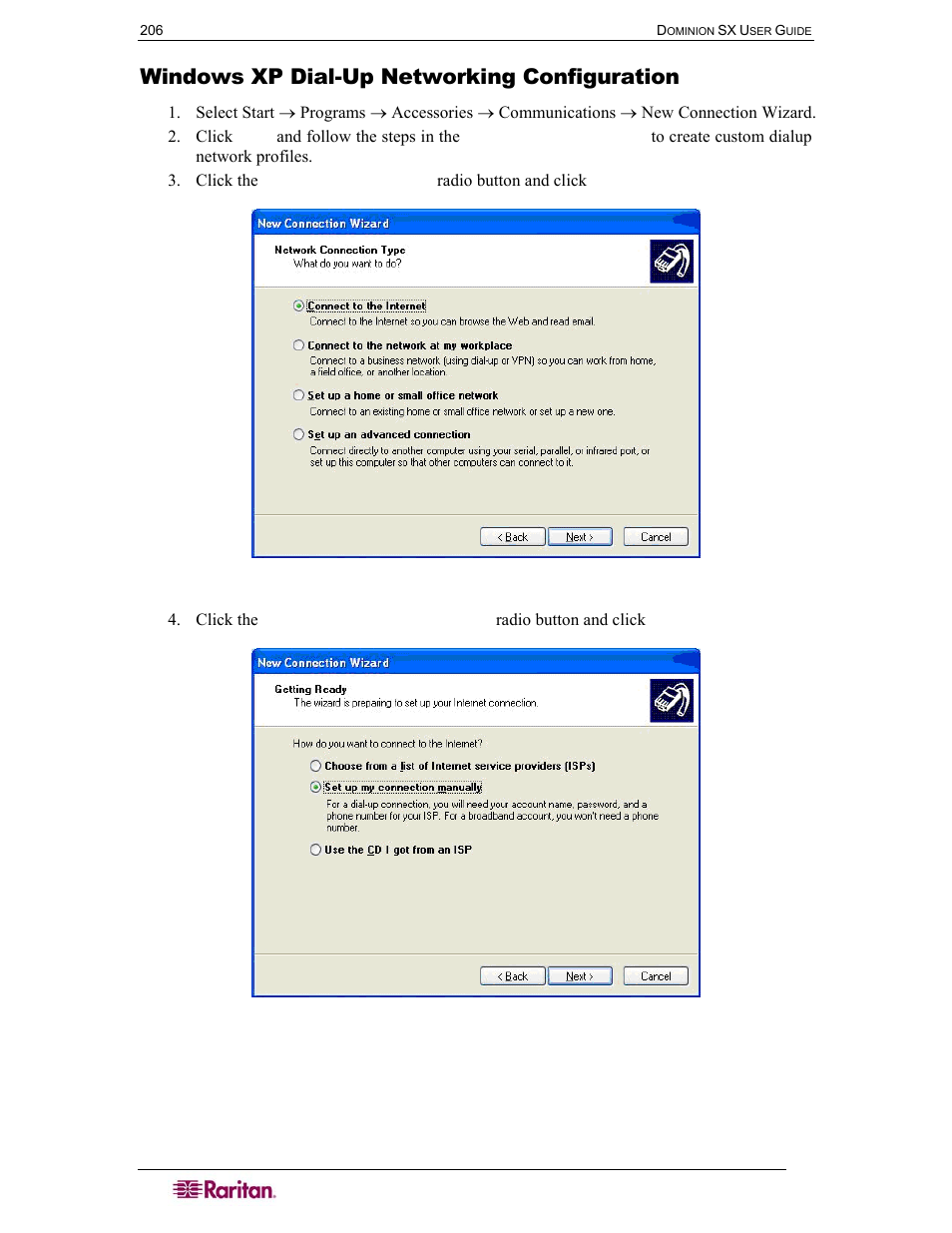 Windows xp dial-up networking configuration, Figure 111 network connection type, Figure 112 device selection | Raritan Computer DOMINION DSX-0N-E User Manual | Page 224 / 233