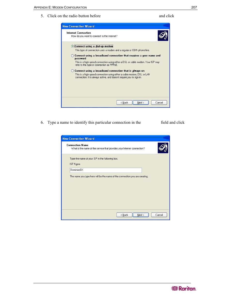 Appendix e: modem configuration, Figure 113 internet connection, Figure 114 connection name | Raritan Computer DOMINION DSX-0N-E User Manual | Page 225 / 233