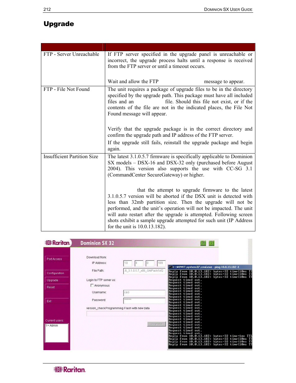 Upgrade, Figure 117 firmware upgrade – timeout, Table 90 troubleshooting upgrade | Raritan Computer DOMINION DSX-0N-E User Manual | Page 230 / 233