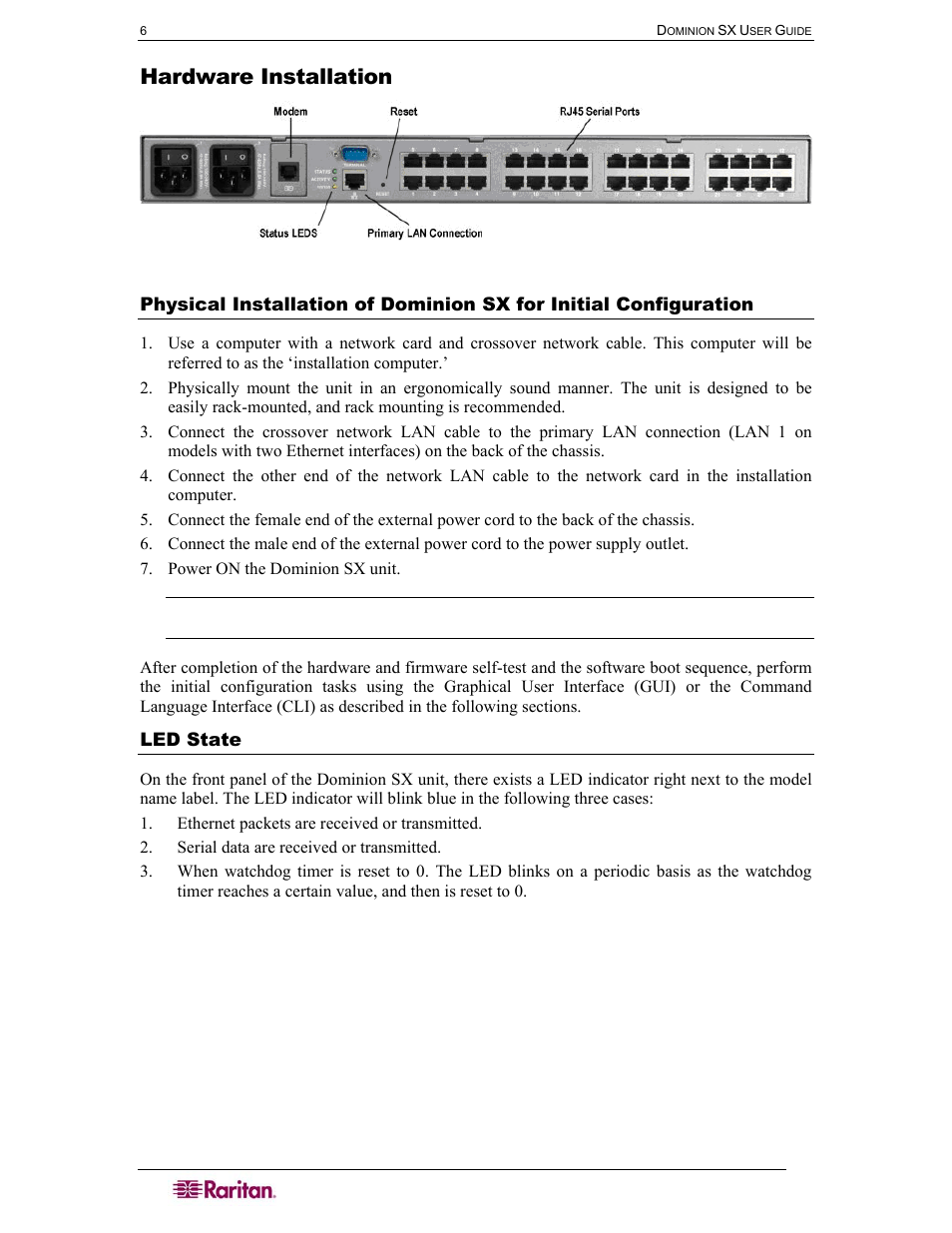 Hardware installation, Led state, Figure 2 rear panel of the dsxa-32 | Raritan Computer DOMINION DSX-0N-E User Manual | Page 24 / 233