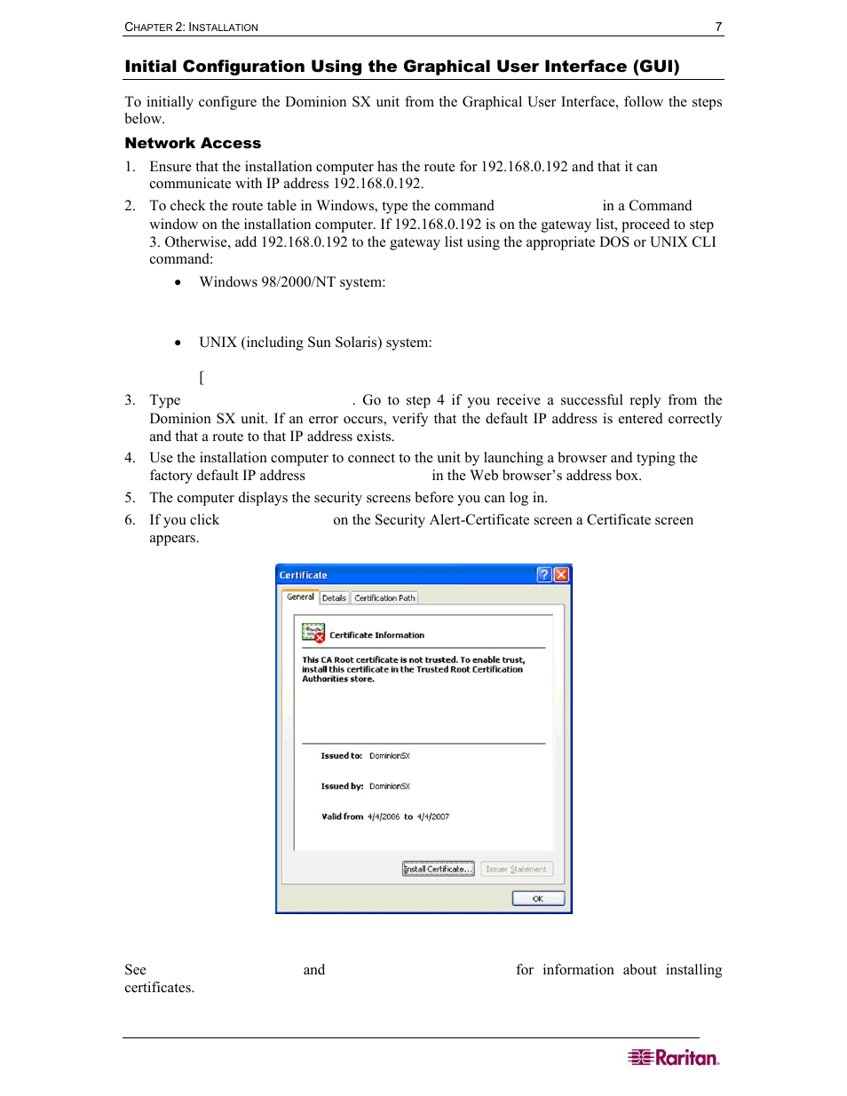 Network access, Figure 3 certificate information | Raritan Computer DOMINION DSX-0N-E User Manual | Page 25 / 233