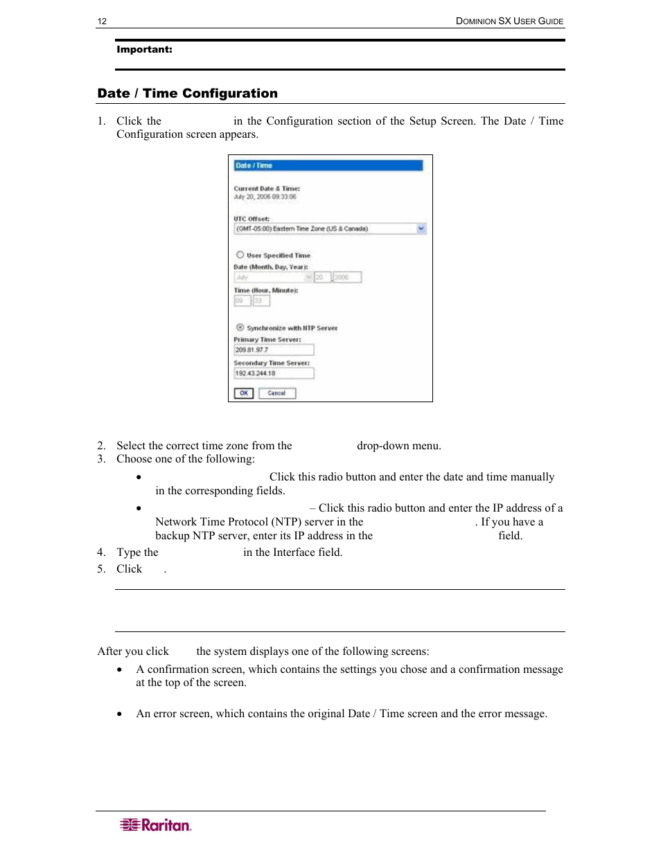 Date / time configuration, Figure 10 date / time configuration screen | Raritan Computer DOMINION DSX-0N-E User Manual | Page 30 / 233