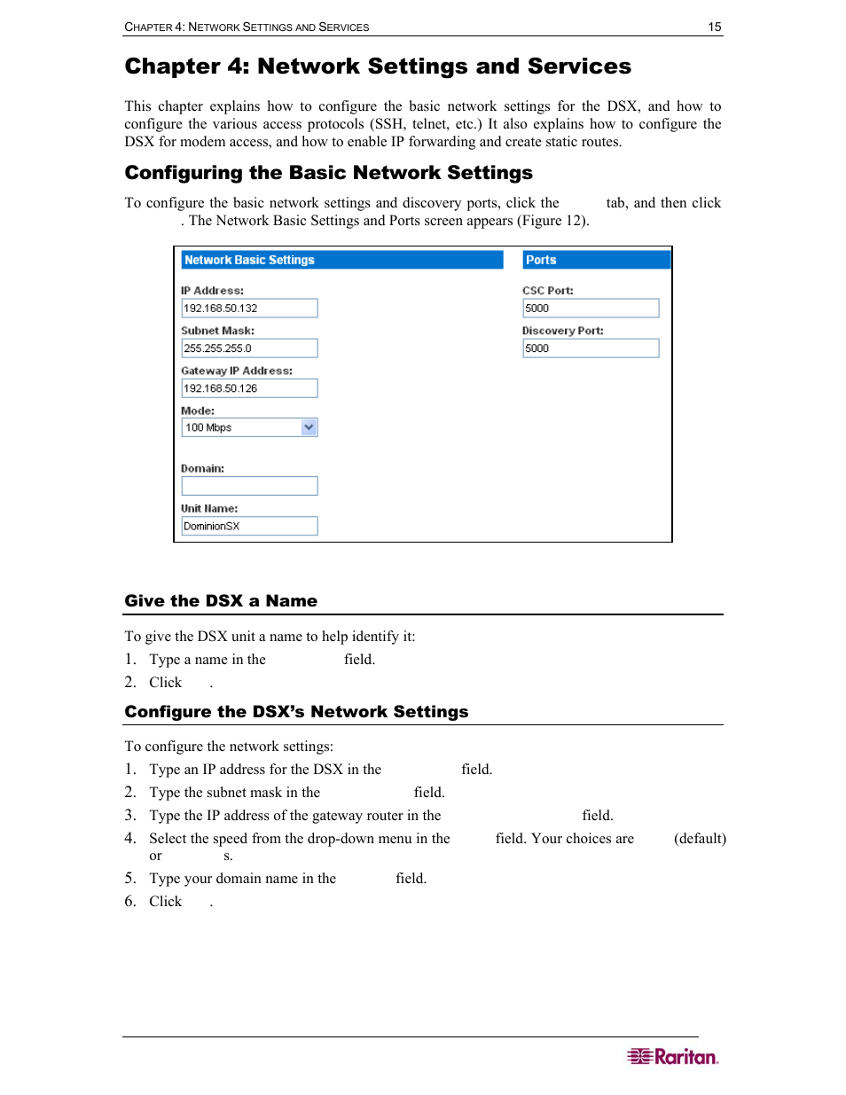 Chapter 4: network settings and services, Configuring the basic network settings, Give the dsx a name | Configure the dsx’s network settings, Figure 12 network basic settings and ports screen | Raritan Computer DOMINION DSX-0N-E User Manual | Page 33 / 233