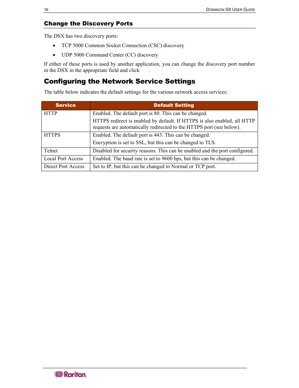 Change the discovery ports, Configuring the network service settings | Raritan Computer DOMINION DSX-0N-E User Manual | Page 34 / 233