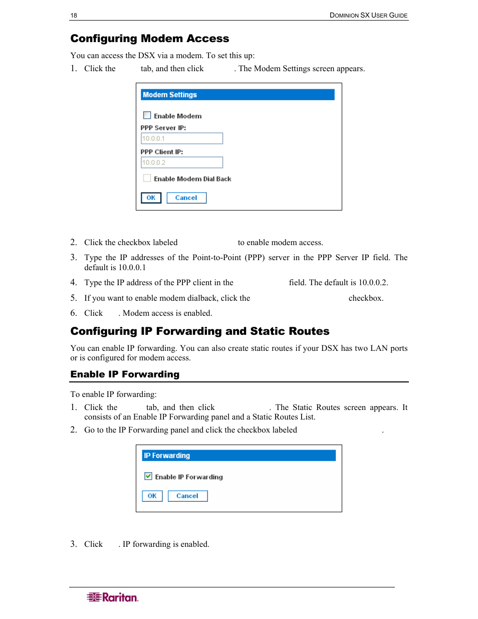 Configuring modem access, Configuring ip forwarding and static routes, Enable ip forwarding | Figure 14 modem settings screen, Figure 15 ip forwarding panel | Raritan Computer DOMINION DSX-0N-E User Manual | Page 36 / 233