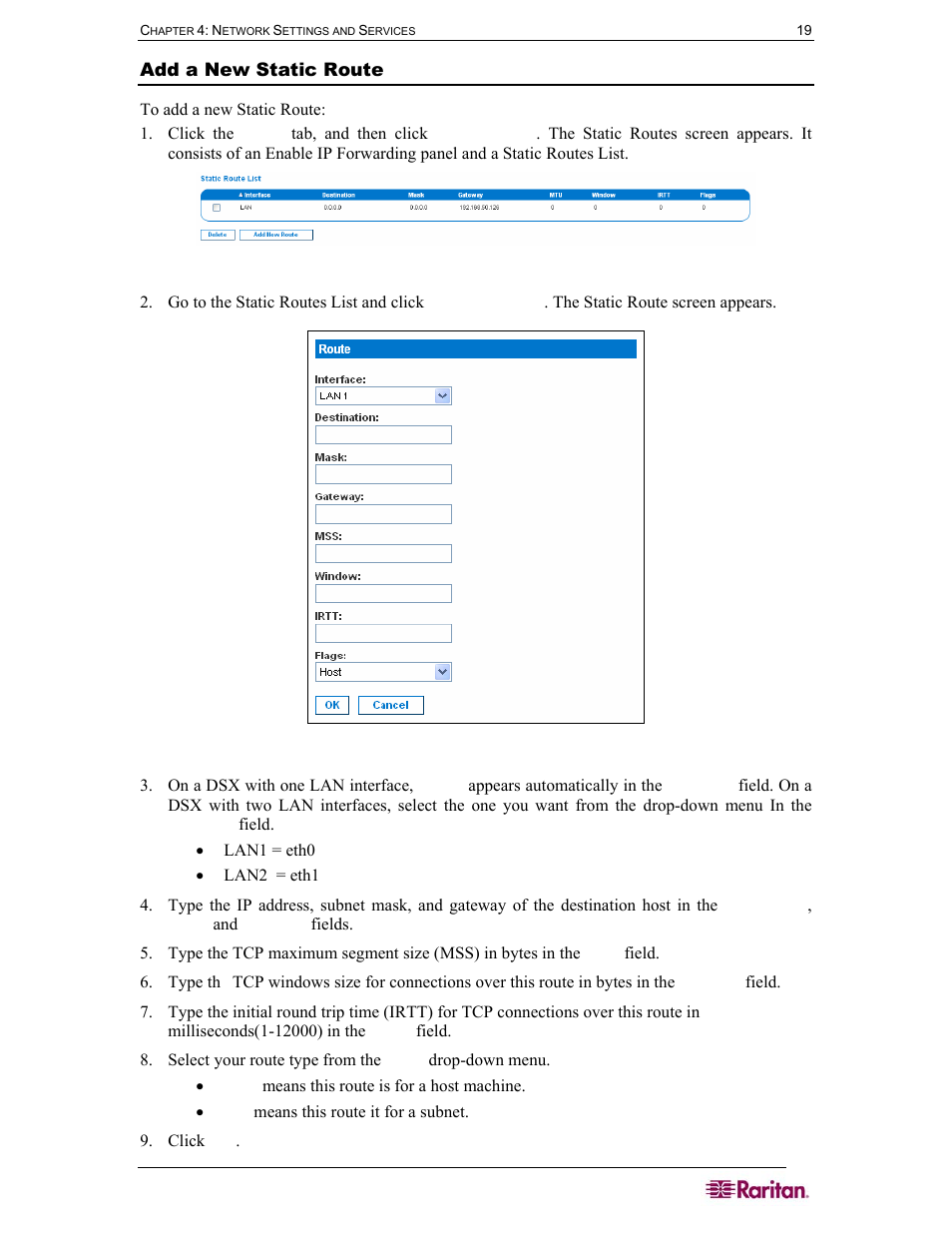 Add a new static route, Figure 16 static routes list, Figure 17 static route screen | Raritan Computer DOMINION DSX-0N-E User Manual | Page 37 / 233