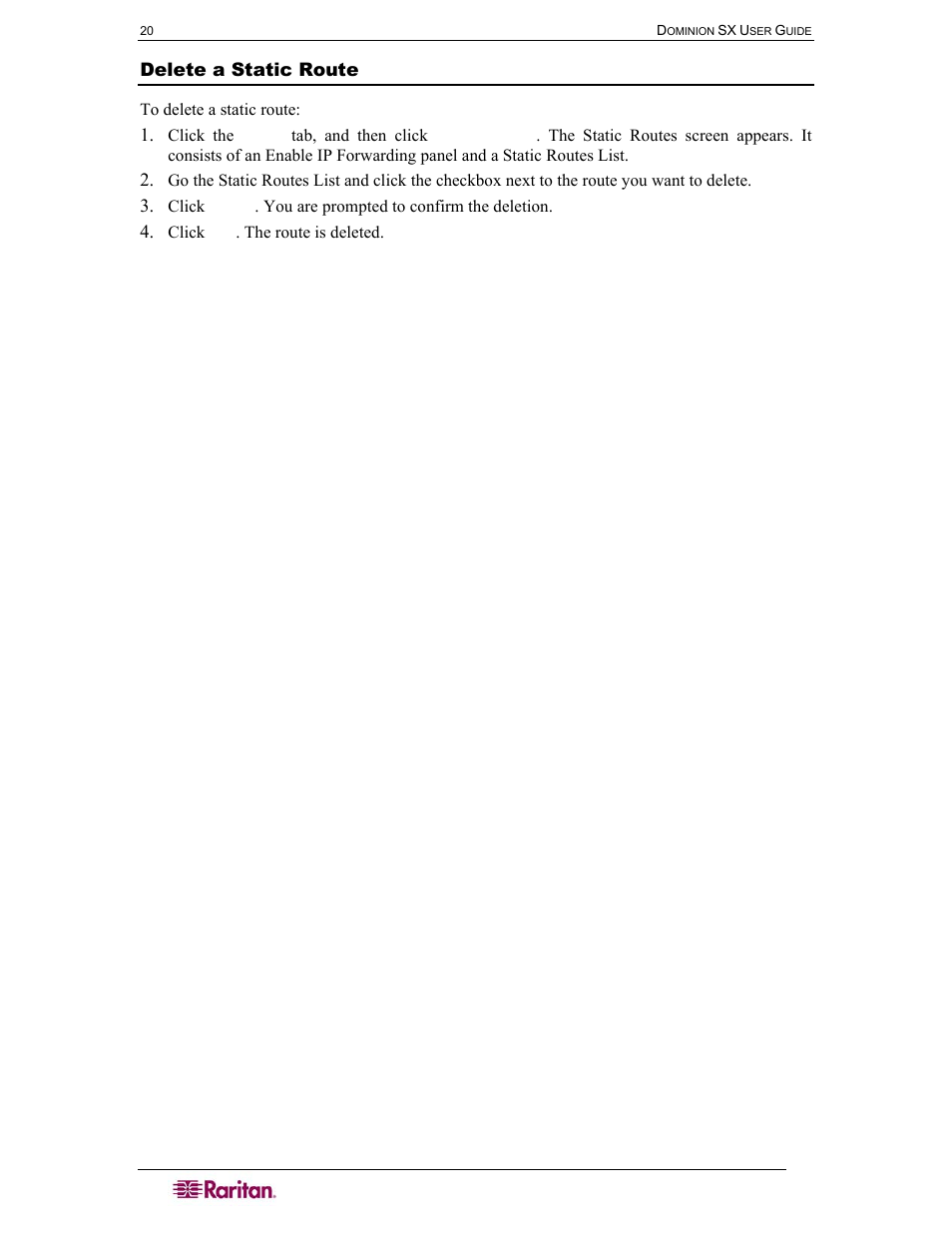 Delete a static route | Raritan Computer DOMINION DSX-0N-E User Manual | Page 38 / 233