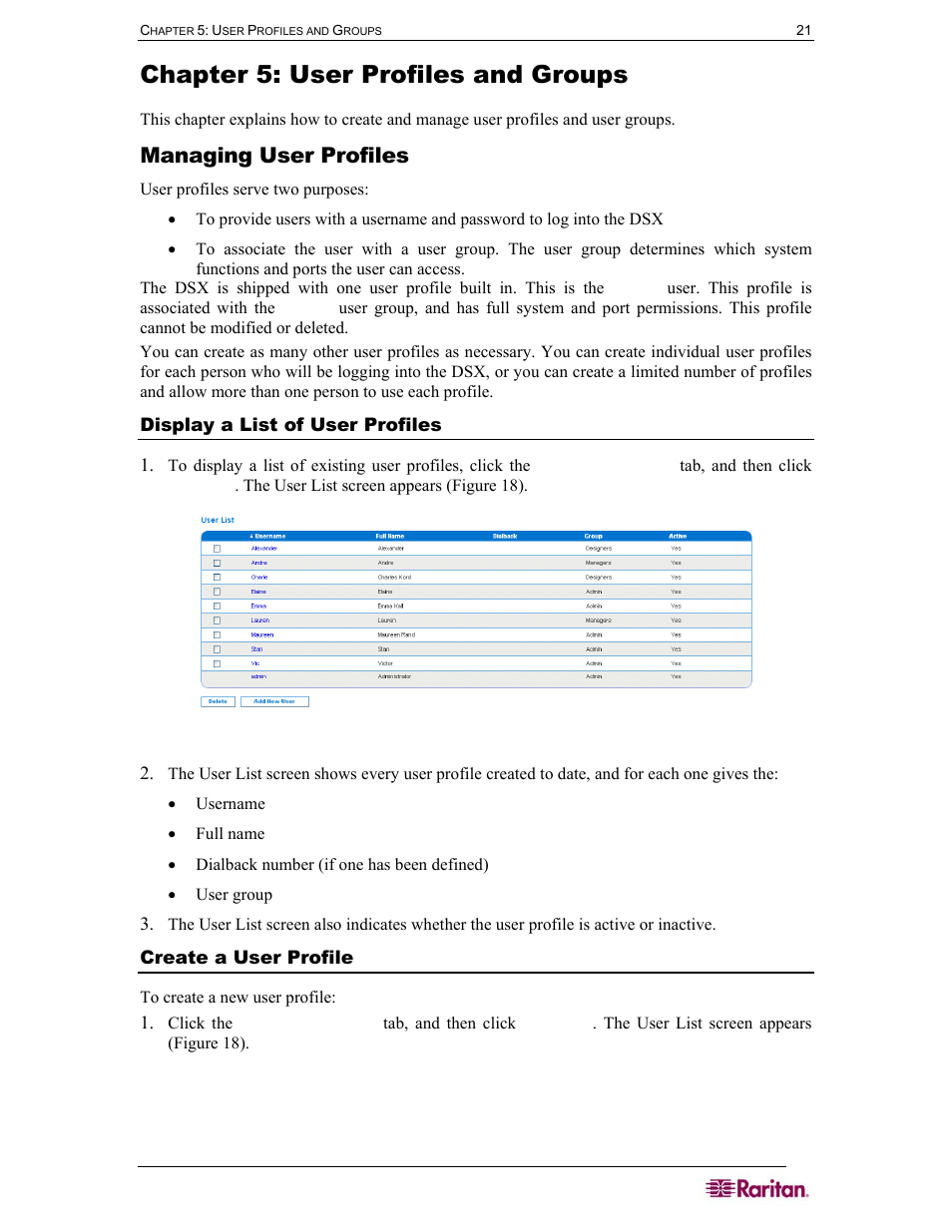 Chapter 5: user profiles and groups, Managing user profiles, Display a list of user profiles | Create a user profile, Figure 18 user list screen | Raritan Computer DOMINION DSX-0N-E User Manual | Page 39 / 233