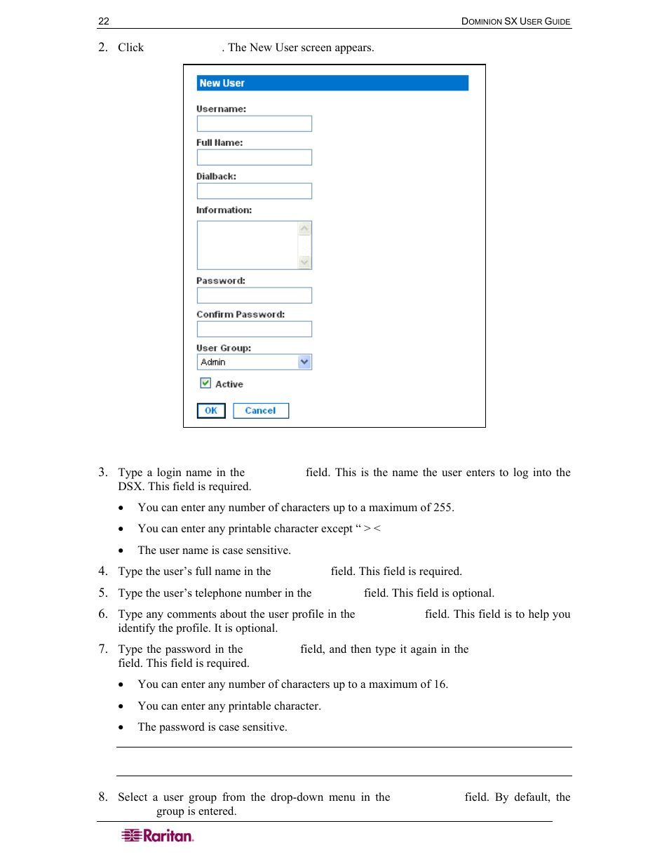 Figure 19 new user screen | Raritan Computer DOMINION DSX-0N-E User Manual | Page 40 / 233