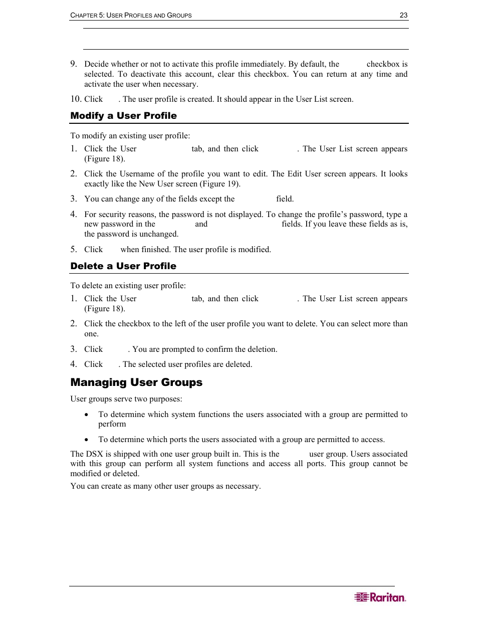 Modify a user profile, Delete a user profile, Managing user groups | Raritan Computer DOMINION DSX-0N-E User Manual | Page 41 / 233