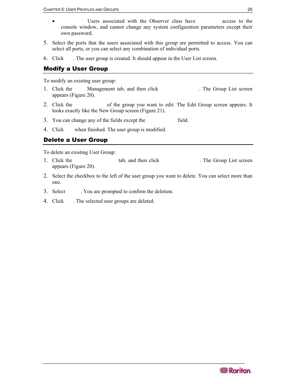 Modify a user group, Delete a user group | Raritan Computer DOMINION DSX-0N-E User Manual | Page 43 / 233