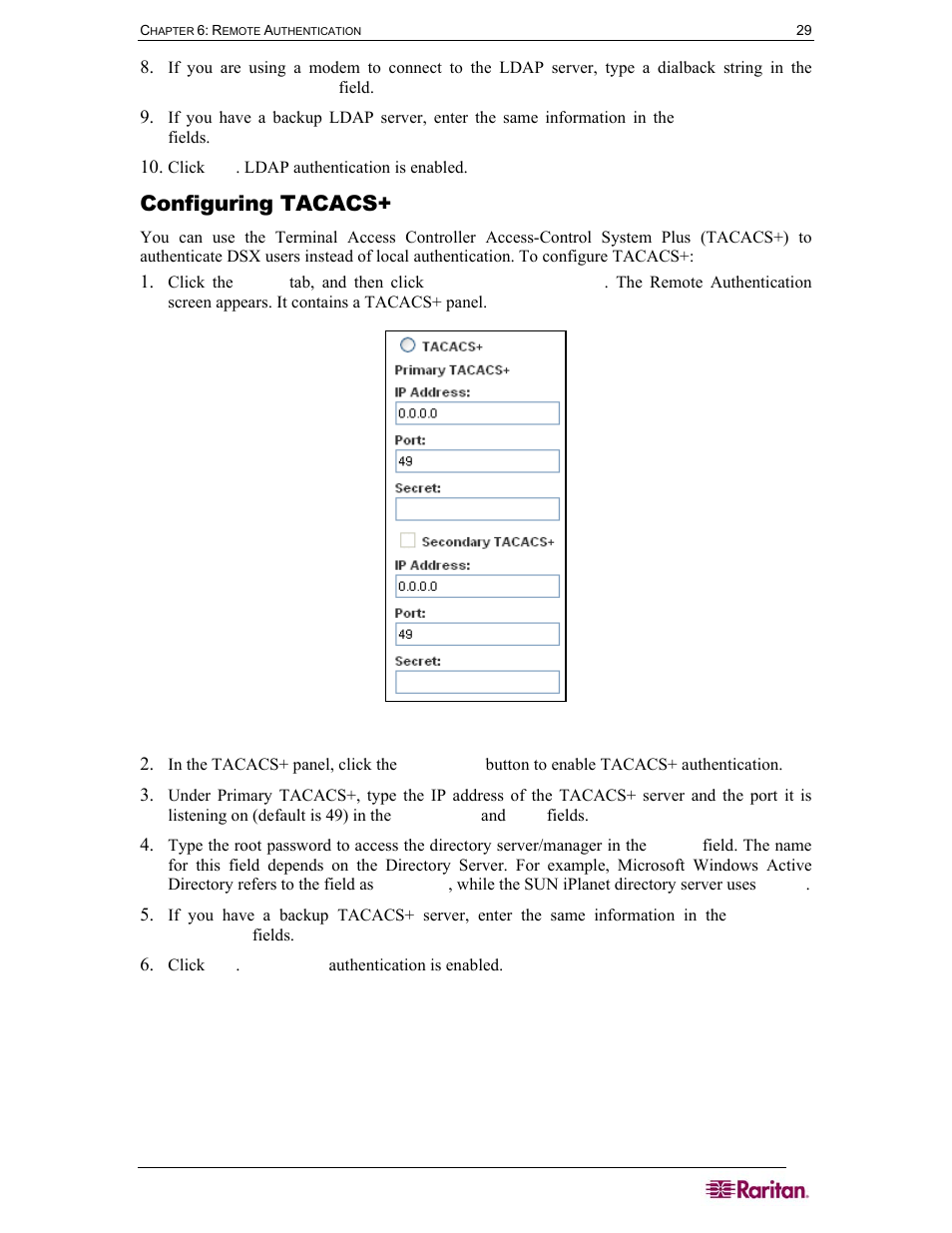 Configuring tacacs, Figure 24 tacacs+ panel | Raritan Computer DOMINION DSX-0N-E User Manual | Page 47 / 233