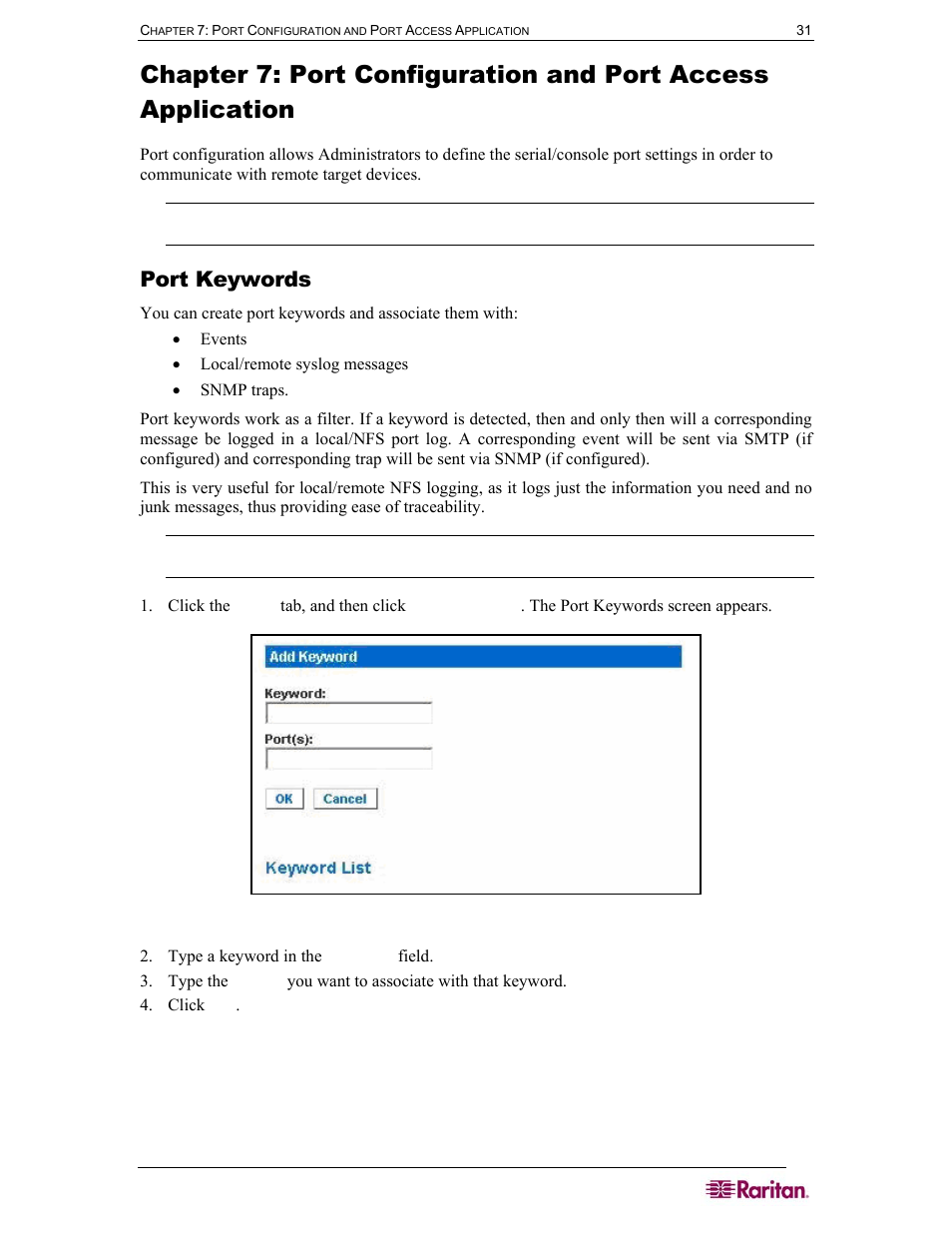 Port keywords, Figure 25 port keywords screen | Raritan Computer DOMINION DSX-0N-E User Manual | Page 49 / 233