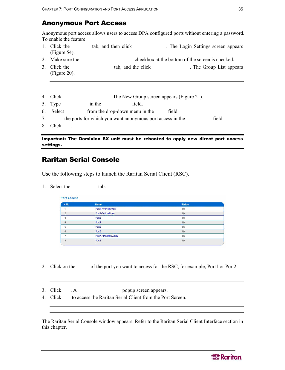 Anonymous port access, Raritan serial console, Figure 29 port access screen | Raritan Computer DOMINION DSX-0N-E User Manual | Page 53 / 233