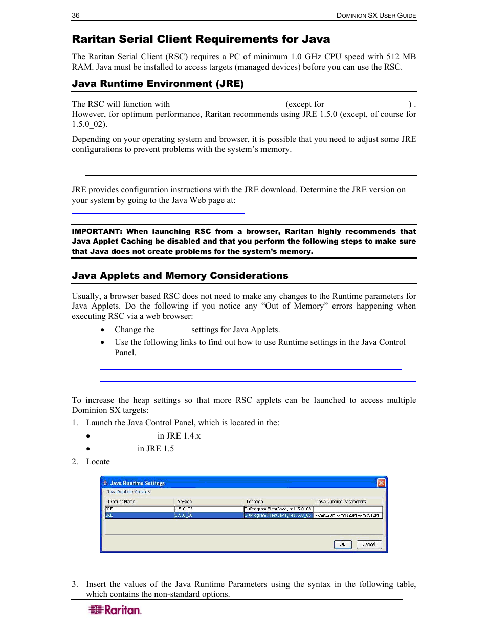 Raritan serial client requirements for java, Java runtime environment (jre), Java applets and memory considerations | Figure 30 java runtime settings | Raritan Computer DOMINION DSX-0N-E User Manual | Page 54 / 233