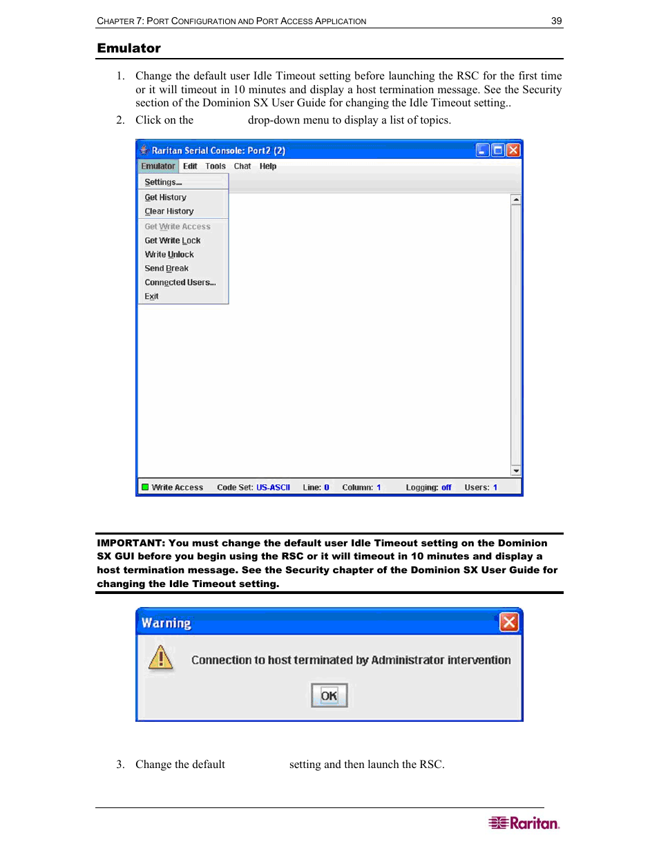 Emulator, Figure 32 emulator drop-down menu, Figure 33 connection terminated warning | Raritan Computer DOMINION DSX-0N-E User Manual | Page 57 / 233