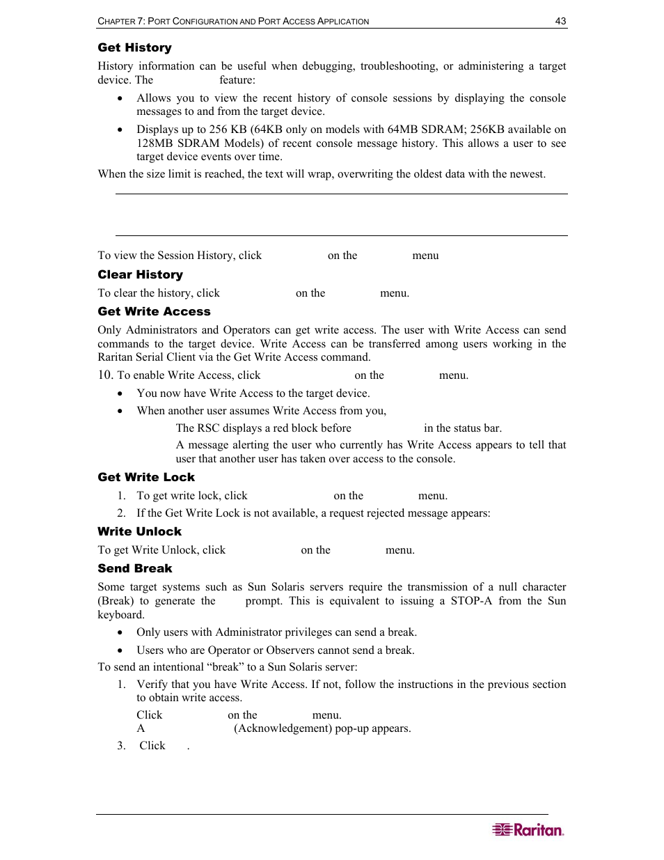 Get history, Clear history, Get write access | Get write lock, Write unlock, Send break | Raritan Computer DOMINION DSX-0N-E User Manual | Page 61 / 233