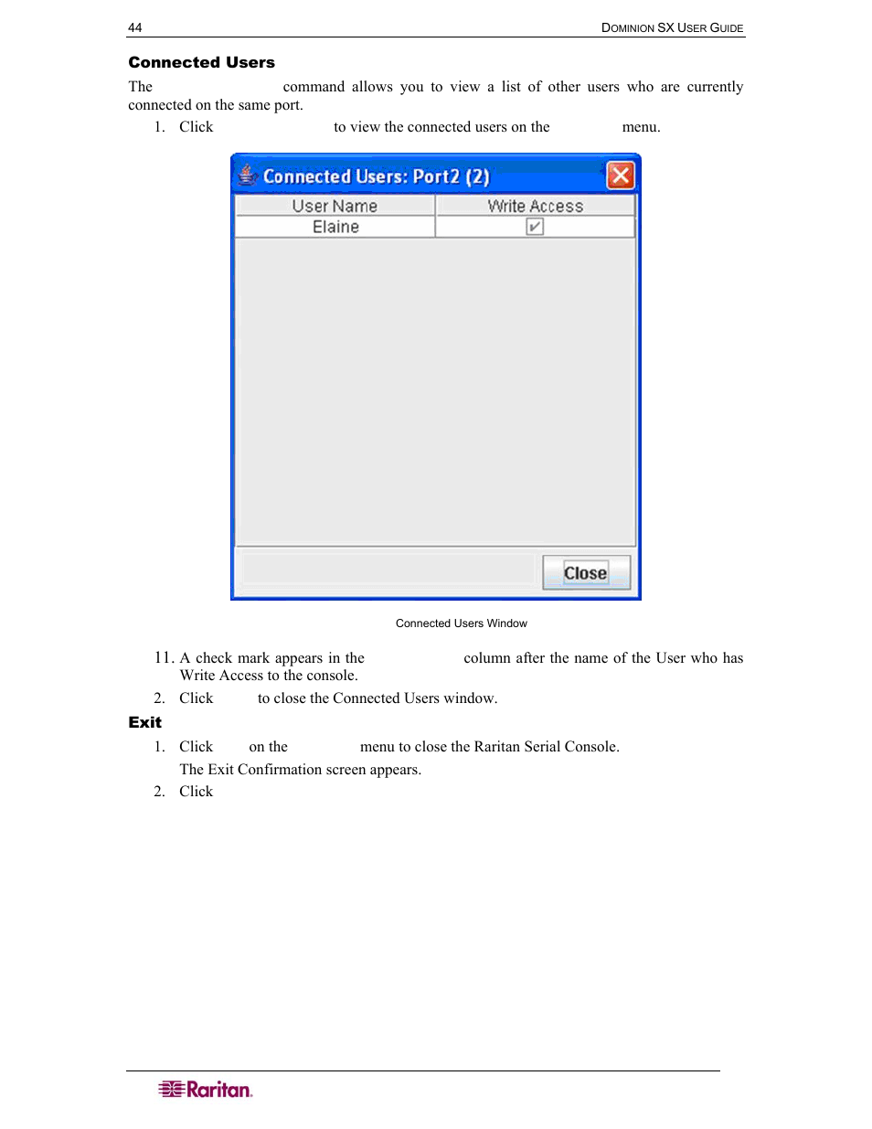 Connected users, Exit, Figure 37 connected users window | Raritan Computer DOMINION DSX-0N-E User Manual | Page 62 / 233