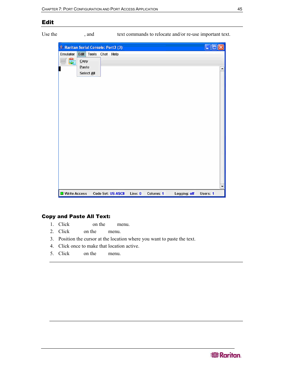 Edit, Copy and paste all text | Raritan Computer DOMINION DSX-0N-E User Manual | Page 63 / 233