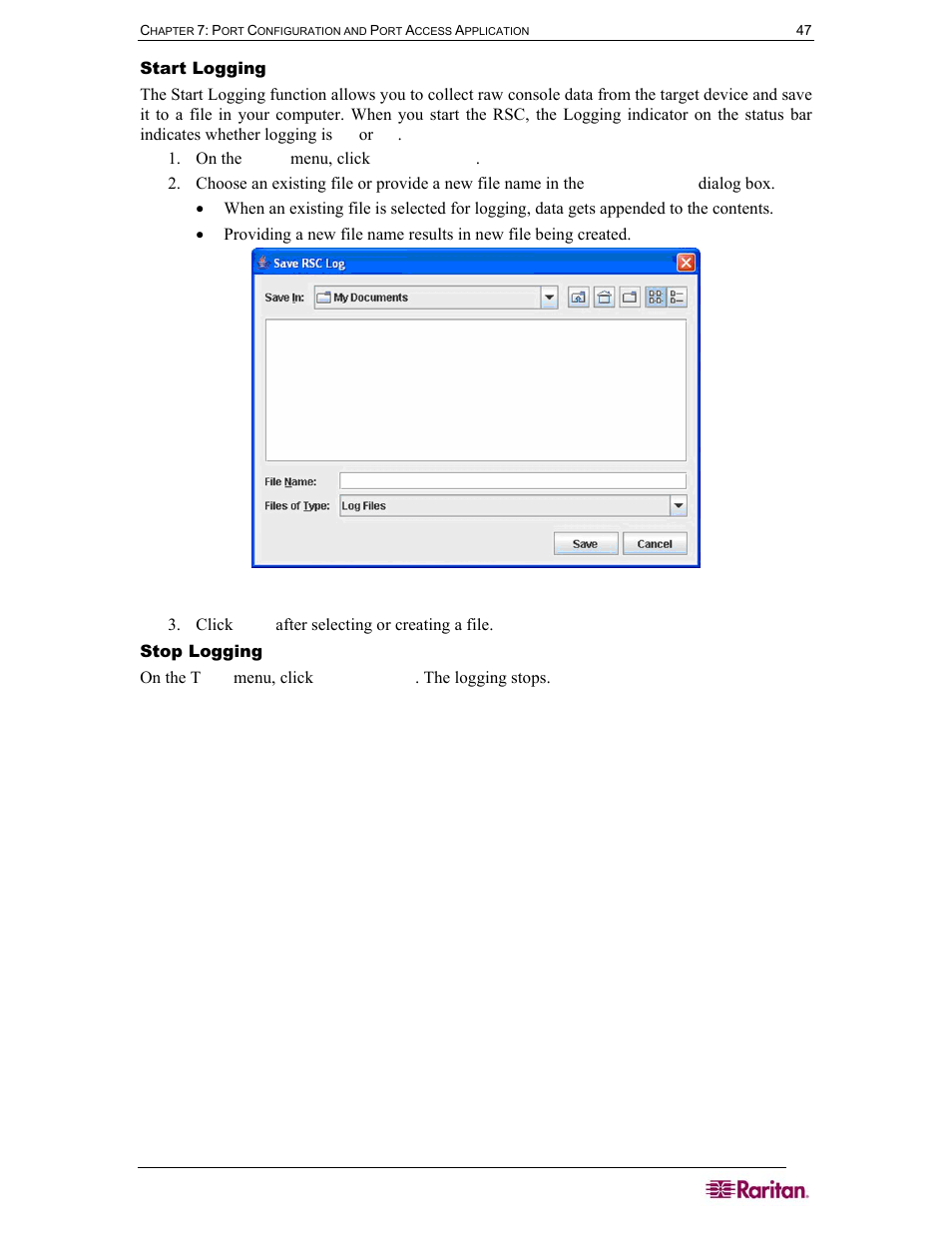 Start logging, Stop logging, Figure 40 start logging command window | Raritan Computer DOMINION DSX-0N-E User Manual | Page 65 / 233